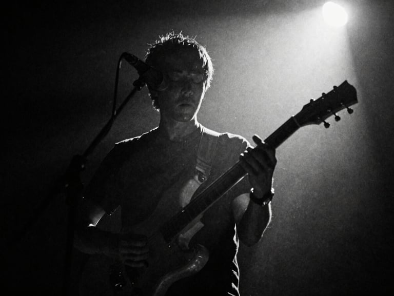 Gritty black and white cinematic film still of a musician performing under a harsh spotlight, deep shadows, heavy film grain, 35mm tri-x film.