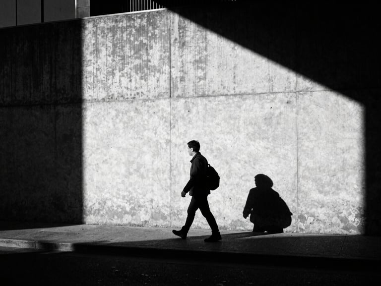 High-contrast street scene at night, a single figure walking past a glowing brutalist concrete wall, harsh shadows, heavy film grain.