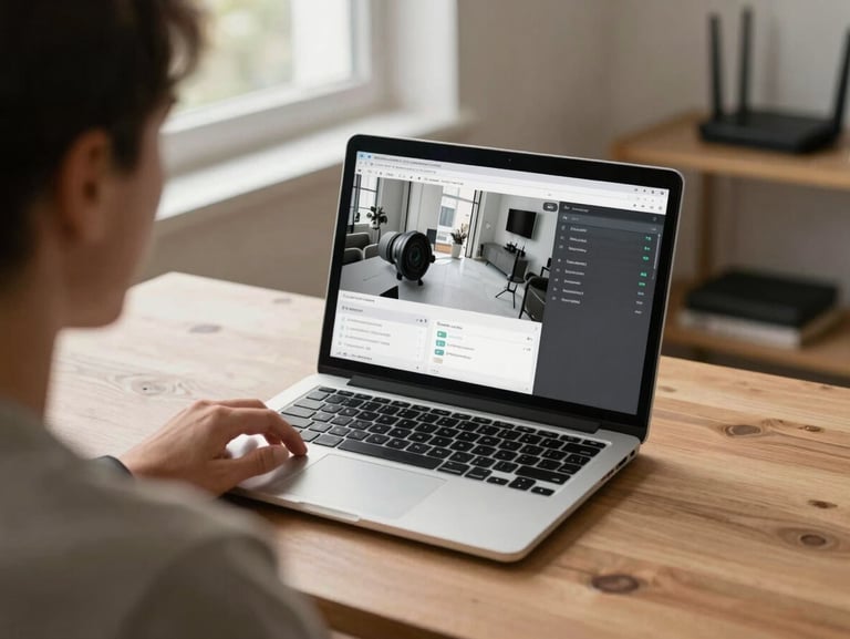 Over-the-shoulder view of a person seated at a wooden desk reviewing a laptop screen showing a home security camera settings panel, a router visible on a shelf to the right, soft indoor daylight from a nearby window, warm neutral room