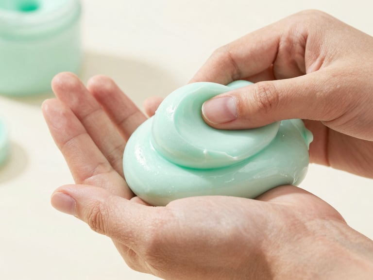 Close-up of hands squishing textured pastel mint slime, soft natural daylight, shallow depth of field