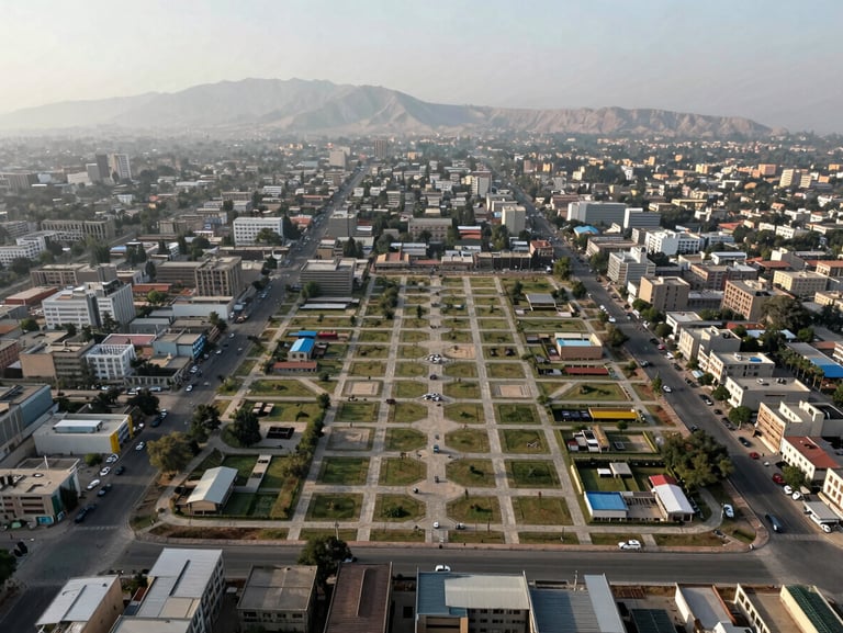 Daylight exterior shot of a CDA-approved sector in Islamabad, wide environmental frame showing plotted development and street grid, Margalla Hills faintly visible in background, morning light, documentary style