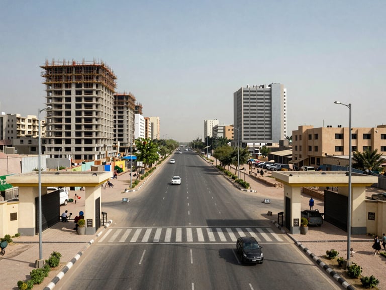 Wide panoramic daylight exterior of DHA Islamabad-Rawalpindi sector entrance gate and main boulevard, construction-phase and completed sectors both visible in background, documentary framing, natural light