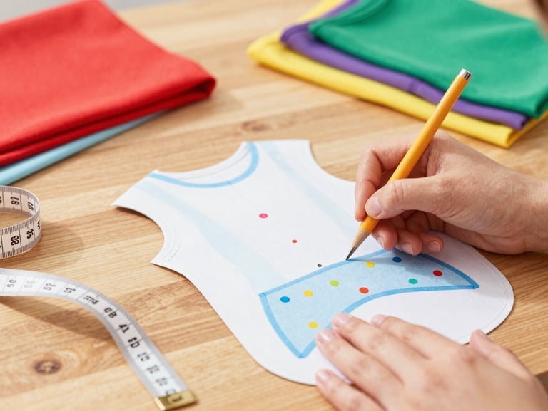 A close-up of hands drawing a custom clothing pattern for a dog on a wooden table, measuring tape and colorful fabrics nearby, bright editorial style.