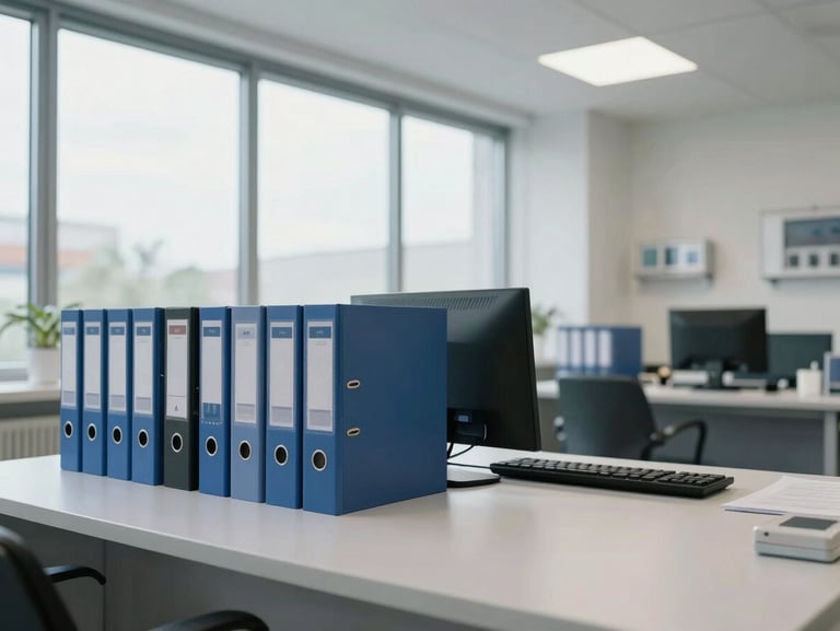 Wide shot of a hospital administrative office interior in Germany, desk with technical binders and a computer, north-facing window light, clean institutional environment, no faces or identifiable persons shown