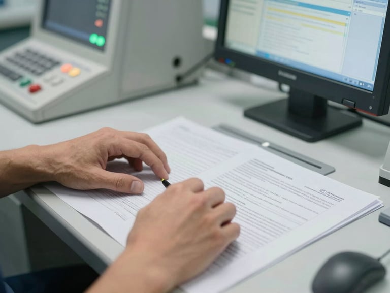 Close-up of an engineer's hands at a CT control workstation, technical documentation visible on the desk surface under institutional fluorescent lighting, engineering precision implied through the interface and workspace detail, no faces shown
