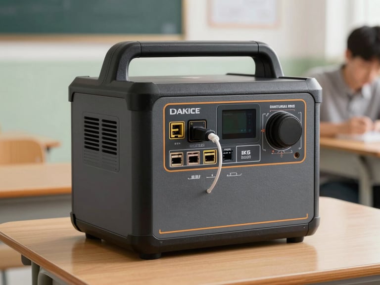 Close-up of a robust portable power station connected to classroom hardware ports, clean setup in a modern school environment, realistic lighting.