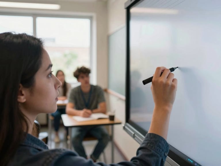 Over-the-shoulder perspective of a teacher writing on a large interactive flat panel, bright natural classroom daylight, engaged students visible in the background.