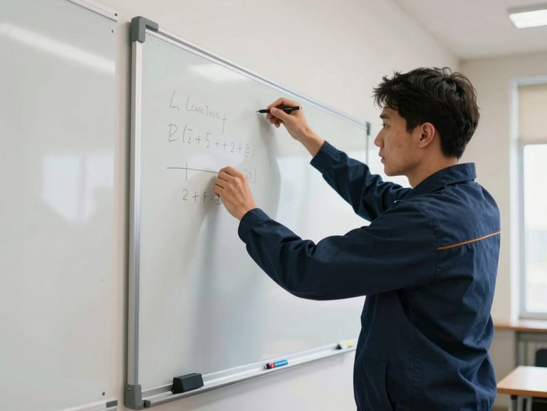 A ClassTech technician in a professional uniform mounting a smart board on a clean classroom wall, bright natural daylight, hands-on installation.