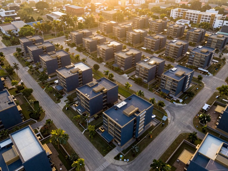 High-angle drone shot of a premium gated community layout with neatly marked plots, concrete roads, and golden-hour sunlight in Coimbatore.
