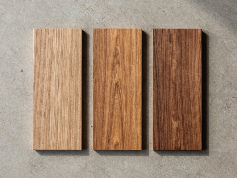 Flat-lay overhead of three wood samples — oak, walnut, and linen-toned ash — arranged on a raw concrete surface under pale north daylight, grain texture sharp and clear, no props, no text