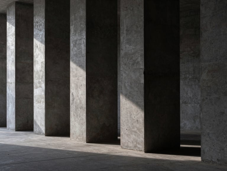 Abstract architectural perspective of dark, heavy-weight concrete pillars casting deep, geometric shadows under a single low-key light source.