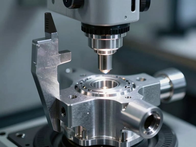 A coordinate measuring machine probe calibrating a complex machined aluminum aerospace component, high-contrast industrial lighting, cool metallic silver tones