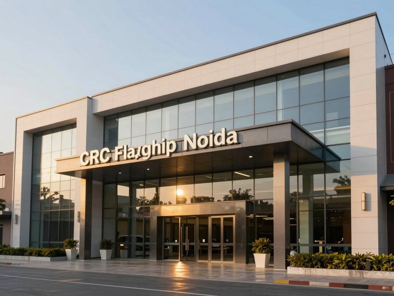Modern commercial complex CRC Flagship Noida, showing an expansive glass entrance and clean architectural lines under warm golden hour light.