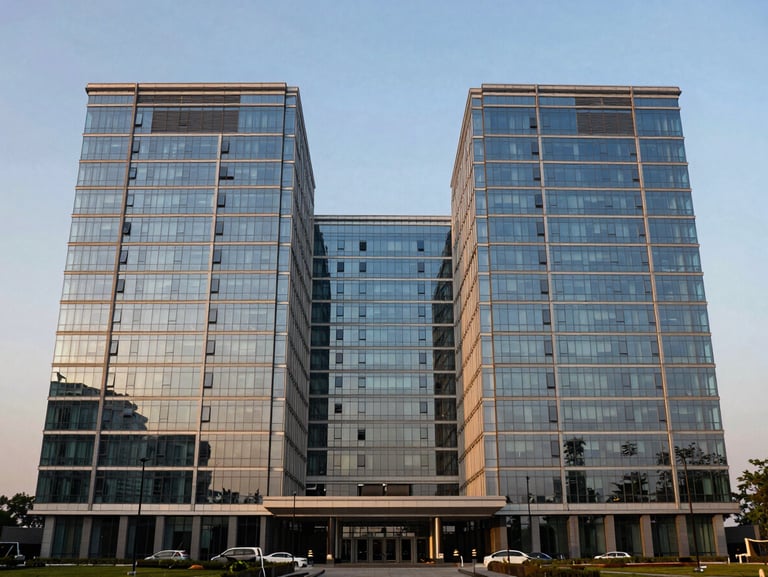 Symmetrical architectural shot of Bhutani Cyber Park in Sector 62 Noida, modern corporate park with reflective glass panels during early golden hour.