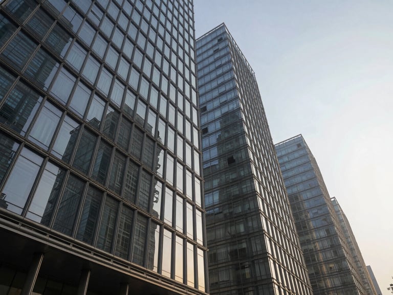 Low-angle architectural perspective of Masters Infra Capitol Avenue in Sector 62 Noida, showing sleek glass facades under crisp morning light with dramatic vertical lines.
