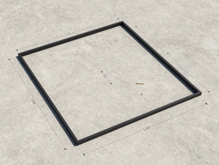Overhead plan-view of a flat site document showing a residential plot boundary, lot dimensions annotated in pencil, laid on a light concrete surface in natural daylight