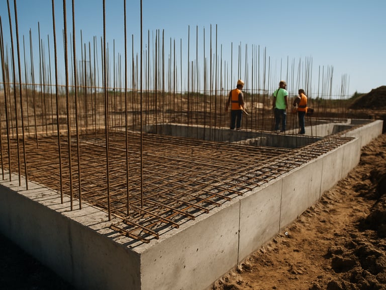 Ground-level daylight photograph of an active construction site showing freshly poured concrete foundation walls and steel rebar grid, workers in safety gear visible at mid-distance, clear sky overhead