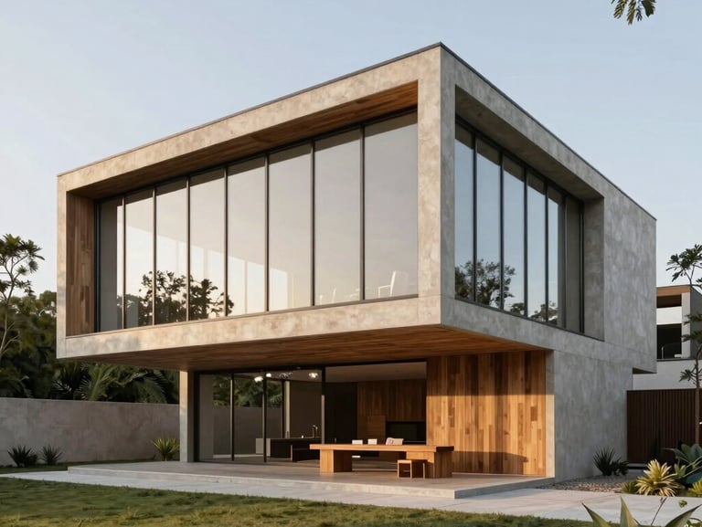 Wide-angle photograph of a luxury private villa in Abidjan, seamless indoor-outdoor transition, concrete and local timber details, golden hour light