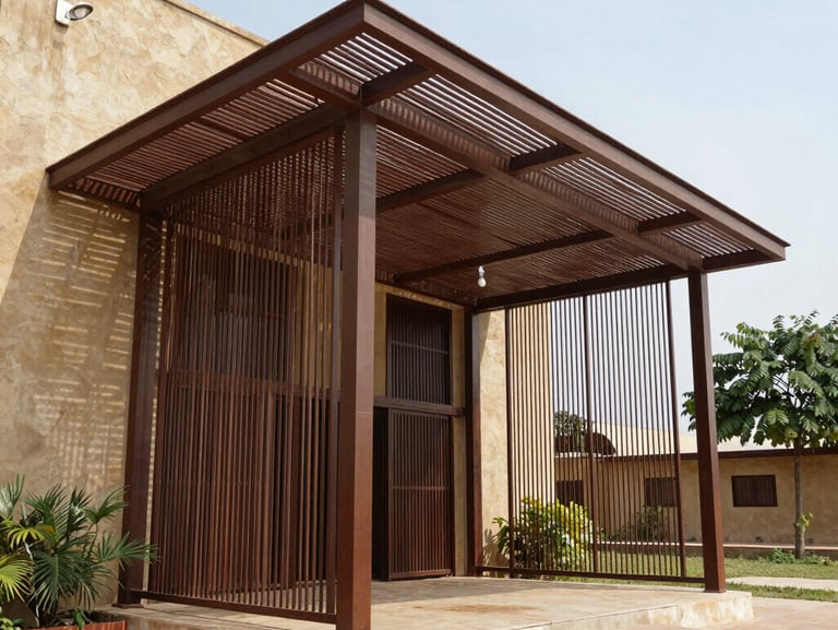 Wide-angle photograph of a contemporary minimalist office pavilion in Dakar, rammed earth facade, deep geometric window recesses, soft afternoon light