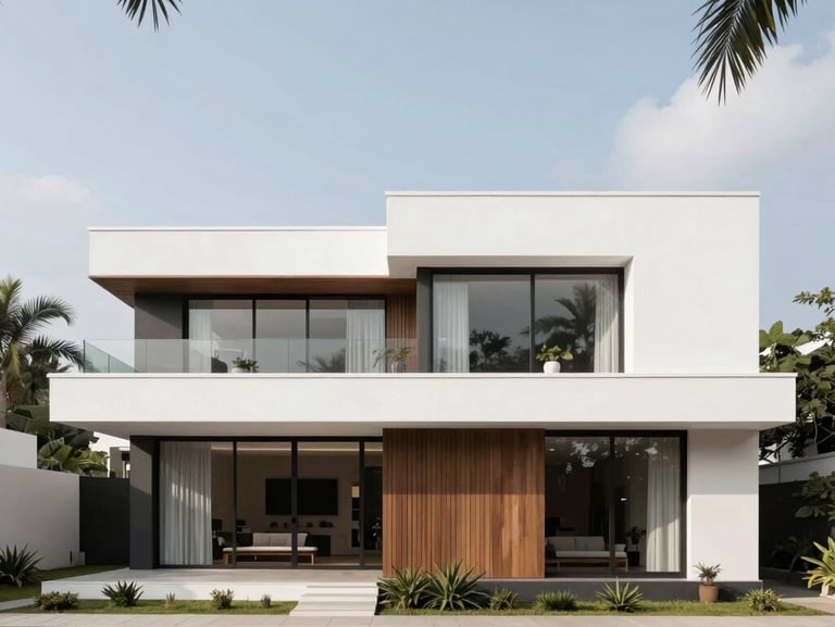 Wide-angle photograph of a luxury private villa in Abidjan, seamless indoor-outdoor transition, concrete and local timber details, golden hour light