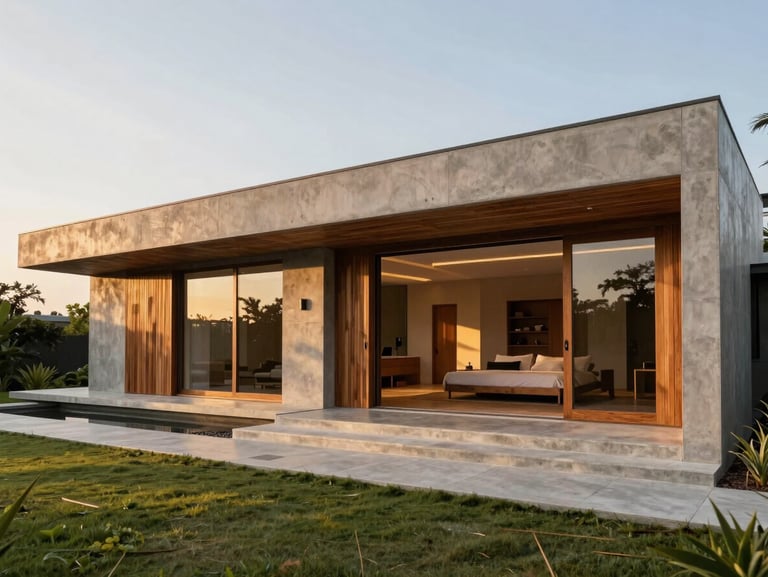 Wide-angle photograph of a luxury private villa in Abidjan, seamless indoor-outdoor transition, concrete and local timber details, golden hour light