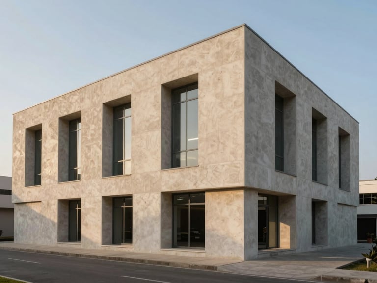 Wide-angle photograph of a contemporary minimalist office pavilion in Dakar, rammed earth facade, deep geometric window recesses, soft afternoon light