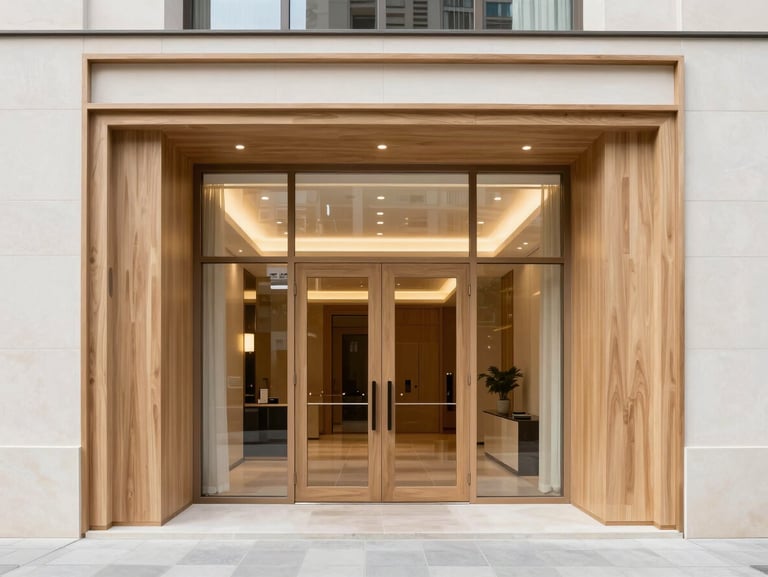 Straight-on clean architectural photograph of a luxury Baku apartment entrance, warm minimalist design, elegant lighting, wood details