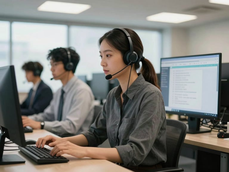 Medium shot of a call center team member at a desk mid-call, headset on, a screen with a filtered lead list visible to the right, overhead fluorescent and window daylight mixing naturally, concentration evident in posture