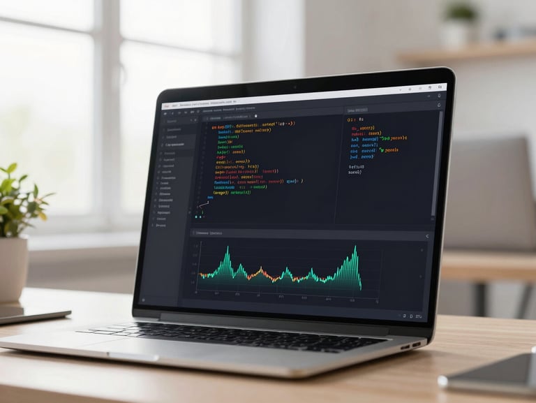 Bright natural daylight workspace with a close-up on a high-fidelity code terminal interface displaying system diagnostic graphs.