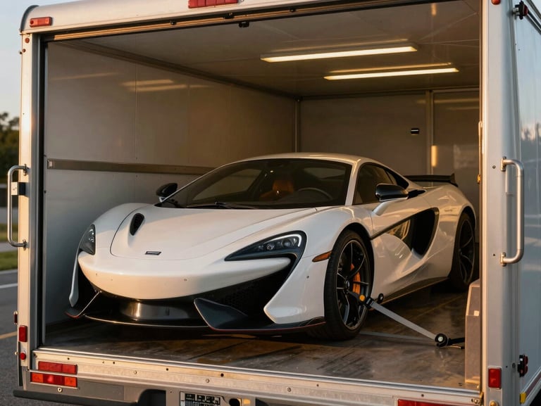 A pristine modern supercar inside a climate-controlled enclosed trailer, secured with soft-tie wheel straps, warm lighting