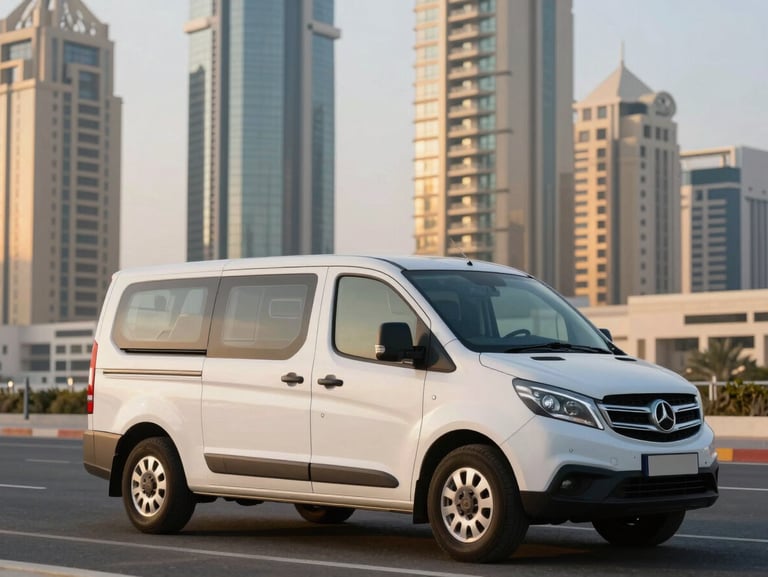 A clean, branded service vehicle parked in front of modern Dubai residential towers at golden hour, sharp technical framing.