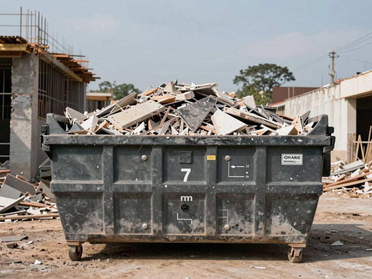 Wide environmental shot of a large 7 to 10 m³ dumpster bin actively loaded with demolition rubble on a construction site in Rio Grande do Sul, flat bright daylight, bin placed beside a partially demolished wall, straight-on framing showing the bin's full height and capacity markings