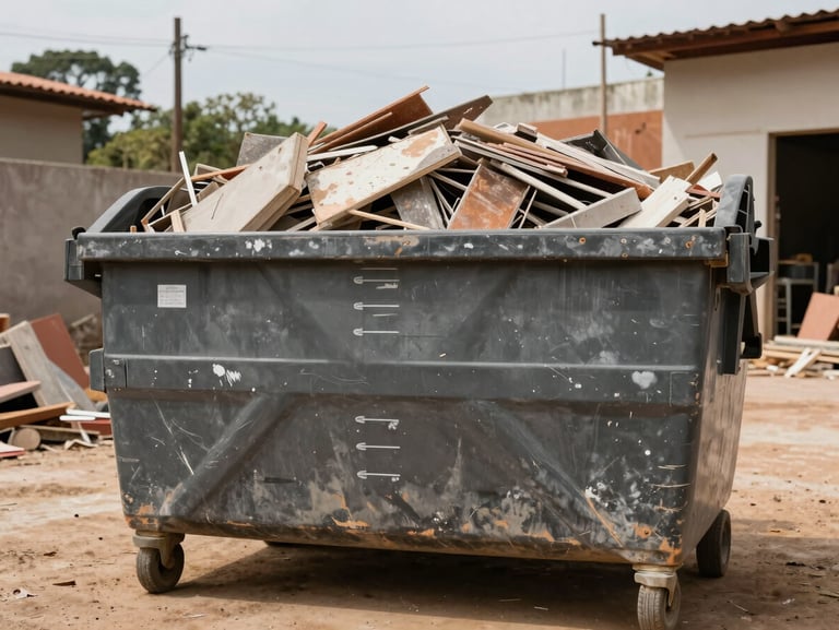 Straight-on documentary shot of a medium 4 to 5 m³ dumpster bin loaded with construction debris on a mid-size renovation site in Rio Grande do Sul, flat daylight, showing the bin's capacity markings and worn painted surface