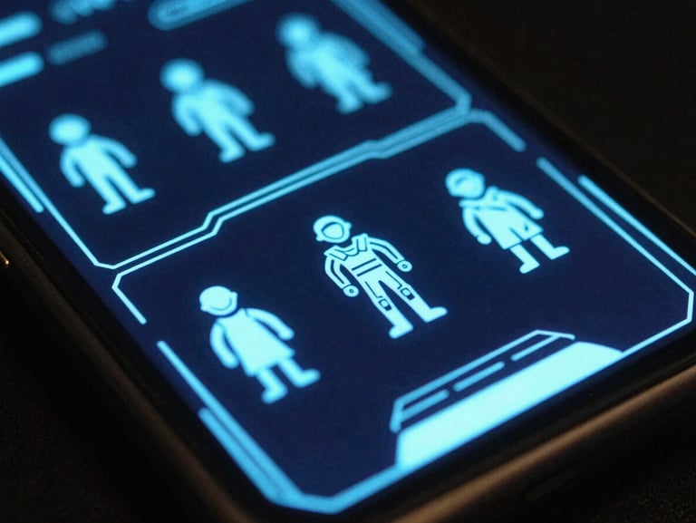 Close-up of a mobile game screen showing neon blue sci-fi characters and tactical UI wireframe, low-key studio lighting