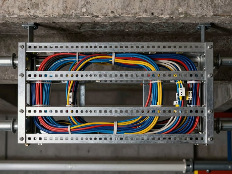Overhead shot looking straight down at organised cable management tray runs with multicolour power and data cables routed and tied, steel perforated trays bolted to concrete ceiling structure, practical work light illuminating the cable bundles from the side, no people in frame