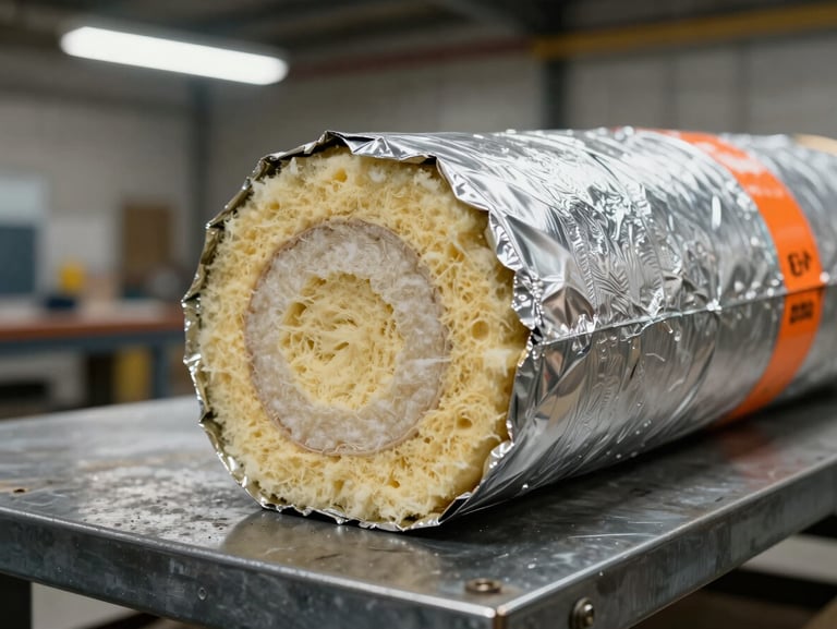 Close-up cross-section view of fire-rated pipe insulation sleeve cut to reveal layered mineral wool and foil facing, resting on a steel fabrication table under workshop fluorescent lighting, orange safety markings visible on the outer jacket, no people in frame