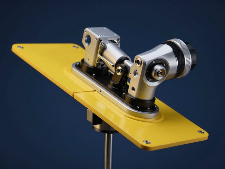 Macro studio shot of a high-fidelity solar tracker prototype, focusing on the yellow solar panel bracket and the sleek dual-axis servo motor assembly, moody dark blue background with yellow rim lighting.