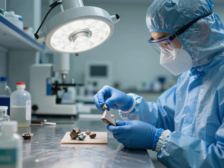 Macro shot of a technician in clean blue PPE preparing a mineral core sample on a clean stainless steel table under bright clinical laboratory light.