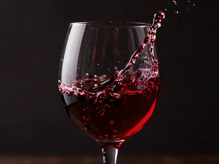 Macro shot of dark red wine splashing dynamically inside a crystal glass, high contrast dramatic side-lighting, ultra-saturated colors, dark background
