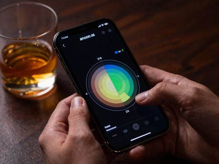High-contrast macro shot of a smartphone screen displaying a dark, high-fidelity flavor profile radar chart, held by hands in a moody, dimly-lit bar environment next to a glass of amber whiskey.