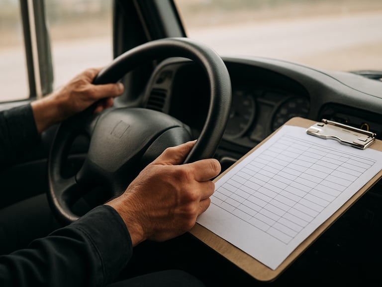 Tight close-up of driver hands on a steering wheel with logistics manifest clipboard resting on the dash, cab interior, natural window light, documentary style, no face visible