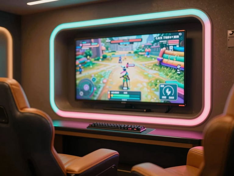 A luxury gaming booth with plush leather seating, a large modern screen displaying a vibrant game, soft teal and magenta neon lighting accents, 35mm