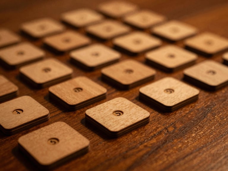 Close-up of premium wooden board game pieces on a polished dark wood table, soft warm amber lighting, shallow depth of field, 35mm