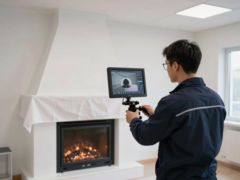A technician operating a high-definition flue-camera monitor inside a clean living room, pristine hearth protected by drop cloths, high-visibility workspace lighting.