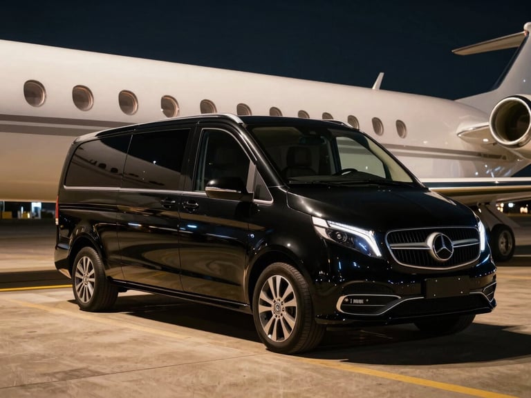 Cinematic night shot of a luxury black van with tinted windows, parked near a private jet terminal, warm runway lights reflecting on the chassis.