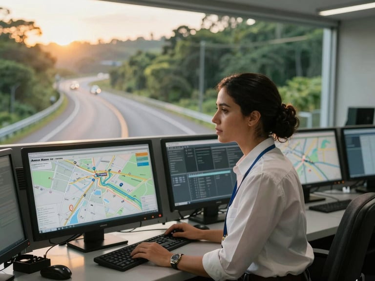 Portrait of a female logistics coordinator in a modern control room in Manaus, looking at route maps on screens, professional, natural lighting