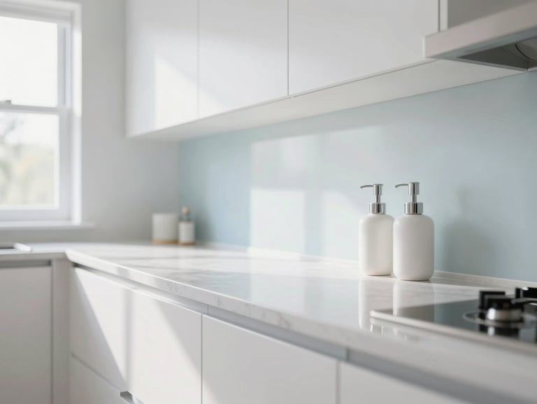 The exact same luxury kitchen counter, perfectly polished, gleaming, spotless, with neatly arranged high-end soap dispensers, bright natural daylight.