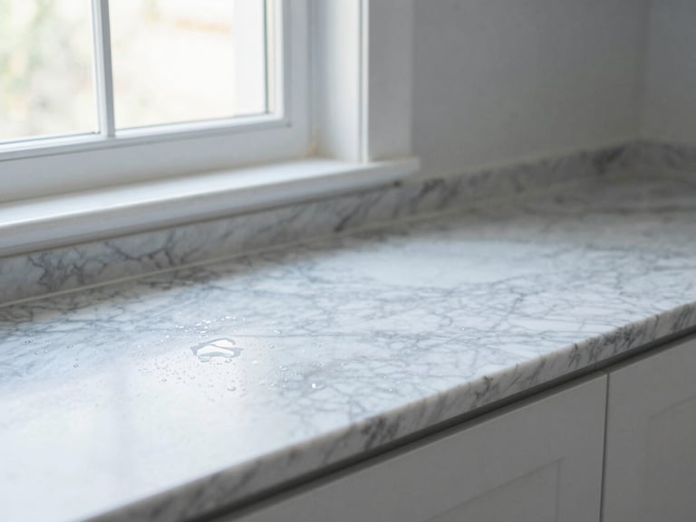 A slightly dusty, cluttered luxury kitchen counter with water spots and dull marble surfaces under natural light.