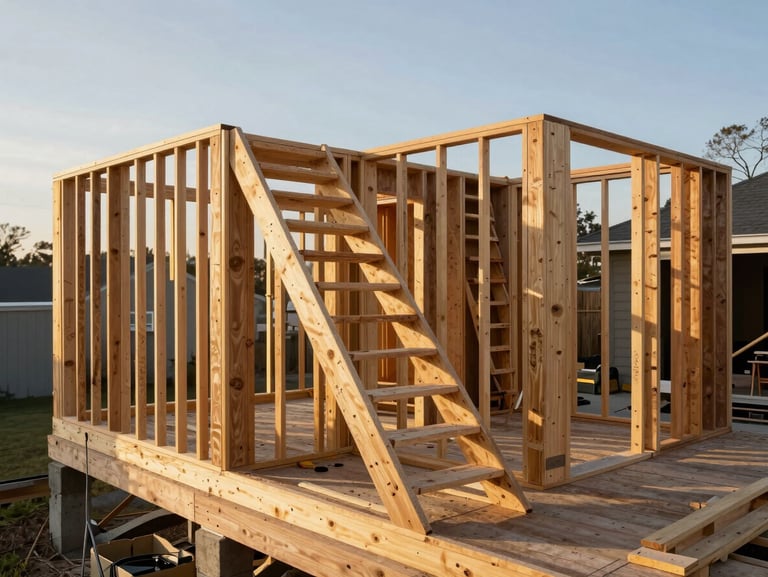 Wide environmental shot of a carpenter setting stair stringers on a residential deck frame, golden-hour daylight from the left, weathered lumber and concrete footings visible, no posed expression — documentary framing
