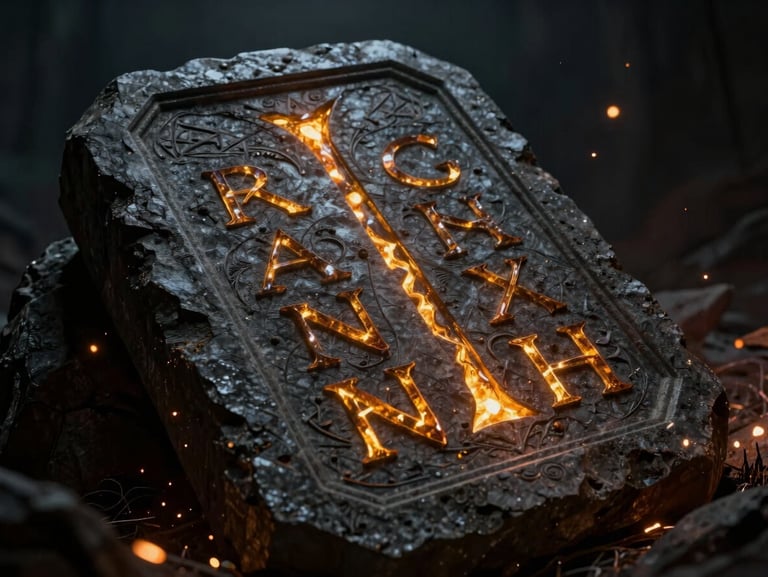 A dark gothic stone tablet with glowing amber runes carved into the surface, embers floating around, dark fantasy style, cinematic lighting